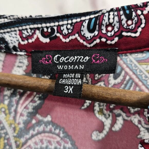 Cocomo Blouse Womens 3X Red Black Popover Button V Short Sleeve Shirt Notch - Picture 3 of 10